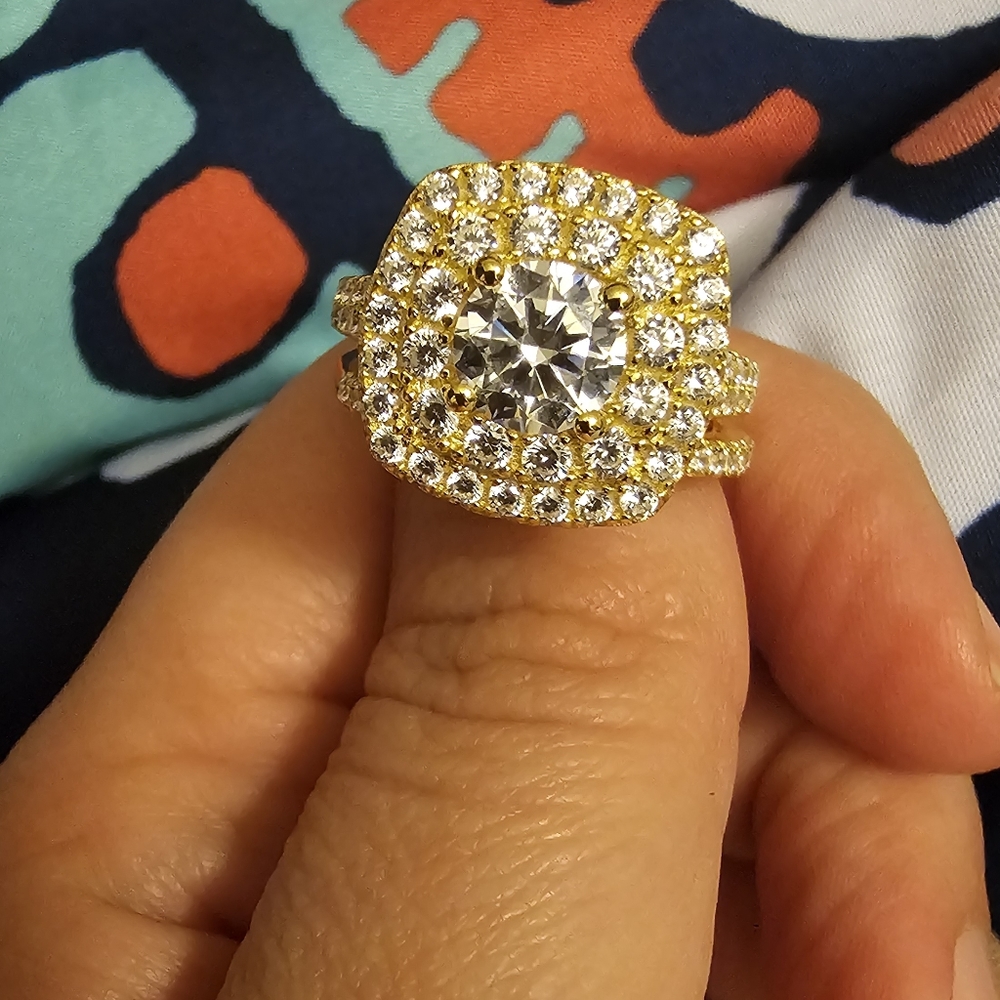 Round Cut White Sapphire Gold Sterling Silver Double Halo Bridal Set